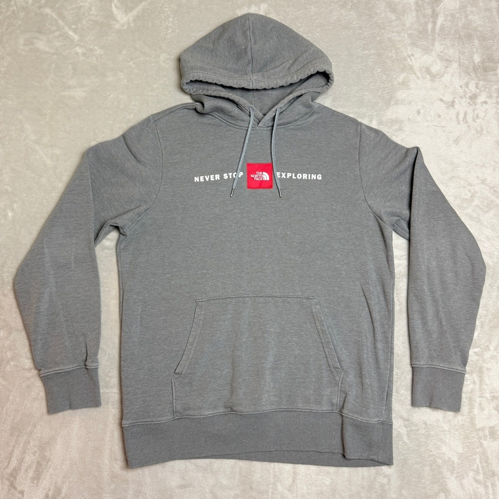 The North Face Never Stop Exploring Hoodie Mens Large Gray Red Box Logo Gorpcore